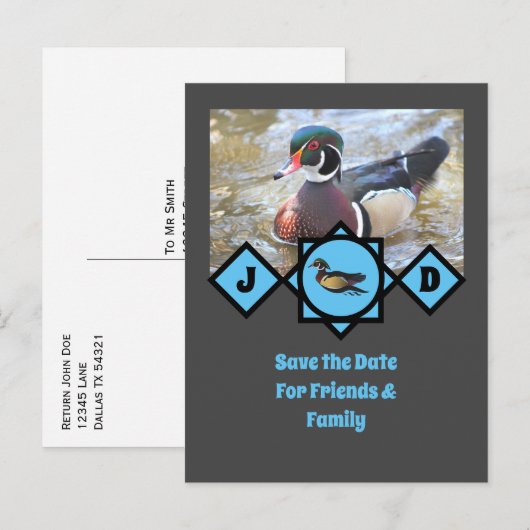 愛らしい木のアヒルのモノグラム写真 インビテーションポストカード (正面/裏面)