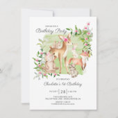愛らしい森の仲間たち 女の子の1歳の誕生日 招待状 (正面)