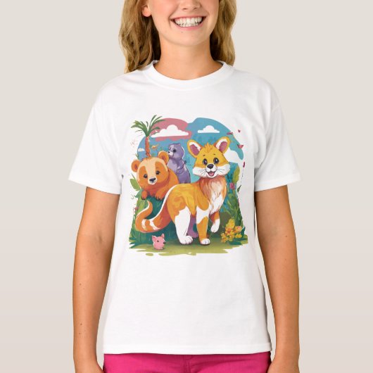 愛らしい森の友人のアニメ動物のイラスト Tシャツ (正面)