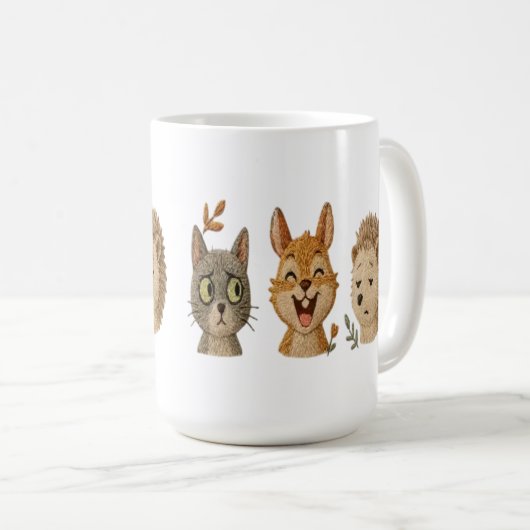 愛らしい森の顔 – かわいい刺繍風の動物 コーヒーマグカップ (正面右)