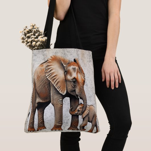 愛らしい母とベビーエレファントデジタルアートプリント トートバッグ (クローズアップ)