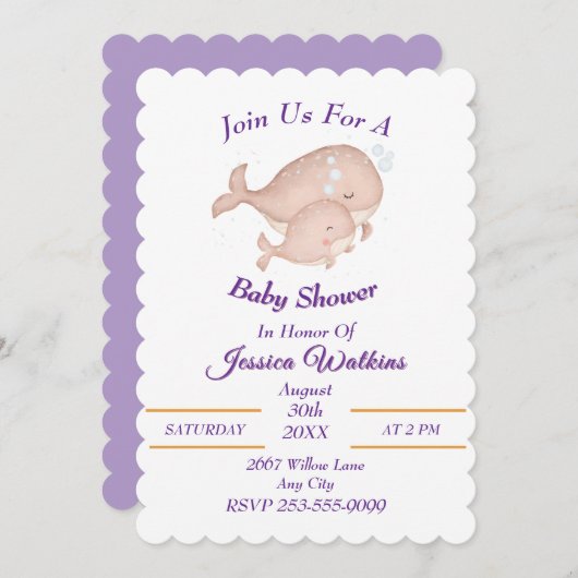 愛らしい母ベビークジラ赤ちゃんシャワー招待状 招待状 (正面/裏面)