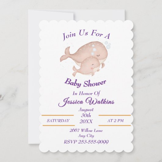 愛らしい母ベビークジラ赤ちゃんシャワー招待状 招待状 (正面)