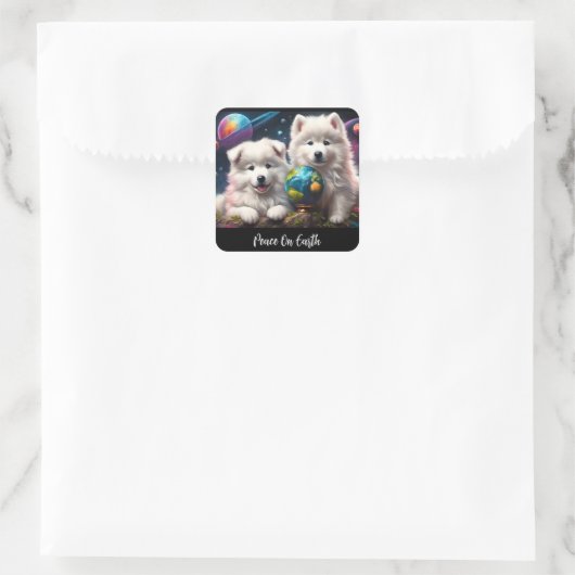 愛らしい毛羽立ったサモイの子犬たち、地球の平和 スクエアシール (バッグ)