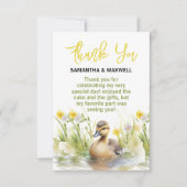 愛らしい水の色のアヒル男の赤ちゃんシャワー サンキューカード (正面)