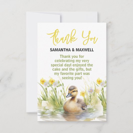 愛らしい水の色のアヒル男の赤ちゃんシャワー サンキューカード (正面)