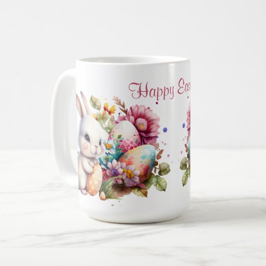 愛らしい水の色イースターバニーと文字 コーヒーマグカップ (正面左)