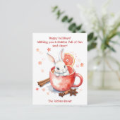 愛らしい水の色クリスマスバニーで赤いマグカップ シーズンポストカード (スタンド正面)