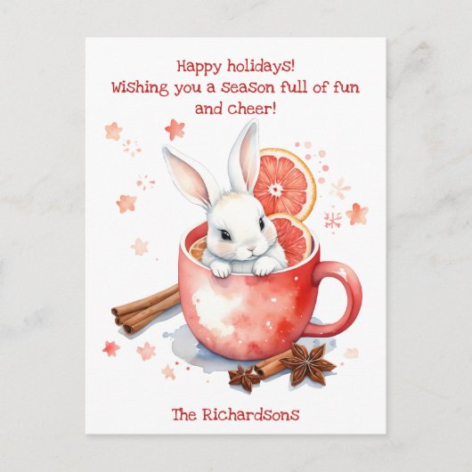 愛らしい水の色クリスマスバニーで赤いマグカップ シーズンポストカード (正面)