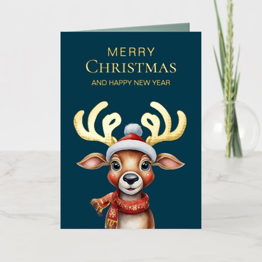 愛らしい水の色グリーンクリスマストナカイ金ゴールド 箔シーズンカード (正面)