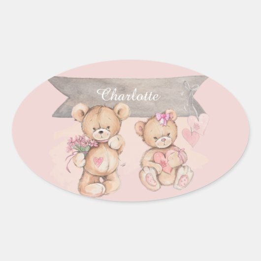 愛らしい水の色テディベア赤ちゃんシャワー広場 楕円形シール (正面)
