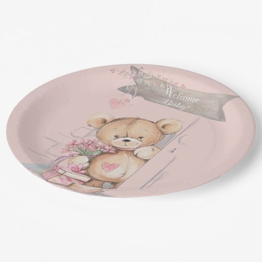 愛らしい水の色テディベア赤ちゃんシャワー ペーパープレート (アングル)