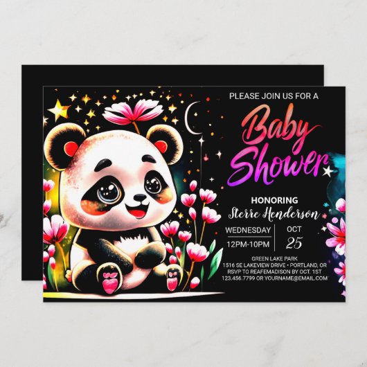 愛らしい水の色パンダヘブンガールベビーシャワー 招待状 (正面/裏面)