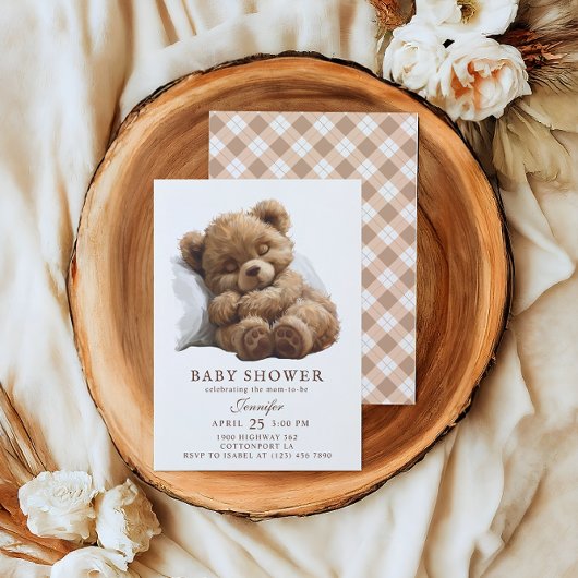 愛らしい水の色ブラウンテディベア赤ちゃんシャワー 招待状