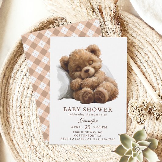 愛らしい水の色ブラウンテディベア赤ちゃんシャワー 招待状