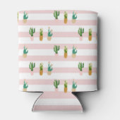 愛らしい水彩のサボテン、ピンクのストライプ 缶クーラー (裏面)