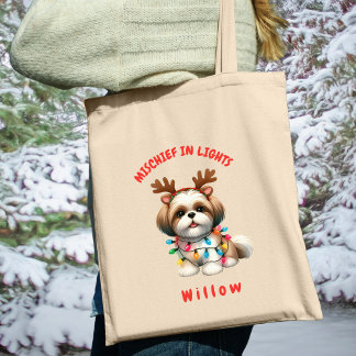 愛らしい水彩のシーズー犬のクリスマスイルミネーション トートバッグ