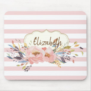 愛らしい水彩の花、ストライプ-パーソナライズされた マウスパッド