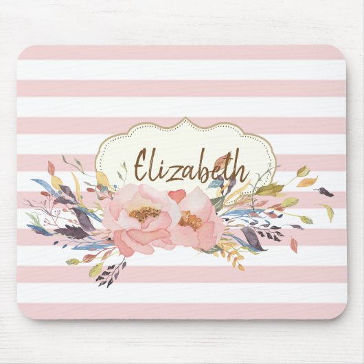愛らしい水彩の花、ストライプ-パーソナライズされた マウスパッド (正面)