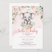 愛らしい水彩の赤ちゃん象とフラッシュピンクの花のサファリ 招待状 (正面/裏面)