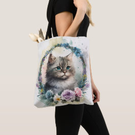 愛らしい水彩グレー虎猫キッテン花 トートバッグ