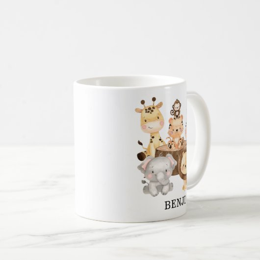 愛らしい水彩ジャングルサファリ動物モノグラム コーヒーマグカップ (正面右)
