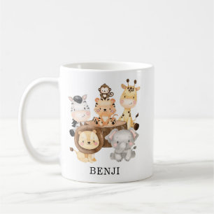 愛らしい水彩ジャングルサファリ動物モノグラム コーヒーマグカップ