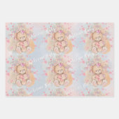 愛らしい水彩ピンクのテディベアと花 ラッピングペーパーシート (正面3)