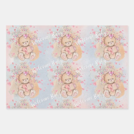 愛らしい水彩ピンクのテディベアと花 ラッピングペーパーシート (正面3)