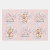 愛らしい水彩ピンクのテディベアと花 ラッピングペーパーシート (正面2)