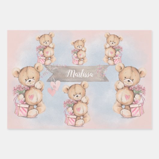 愛らしい水彩ピンクのテディベアと花 ラッピングペーパーシート (正面)