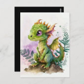 愛らしい水彩ベビードラゴンと紫の目 ポストカード (正面/裏面)