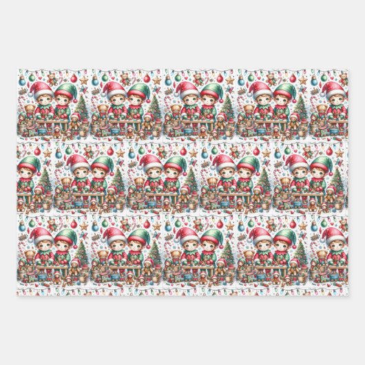 愛らしい水彩小妖精や小人クリスマス ラッピングペーパーシート (正面3)