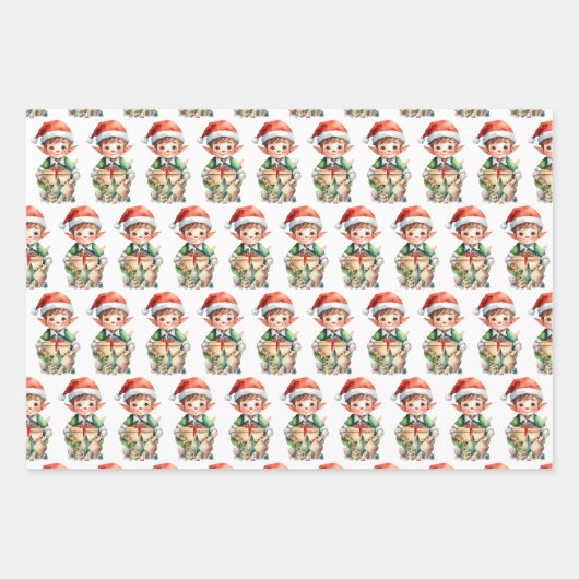 愛らしい水彩小妖精や小人クリスマス ラッピングペーパーシート (正面2)