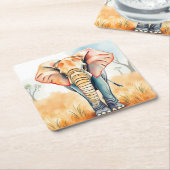 愛らしい水彩象 スクエアペーパーコースター (アングル)