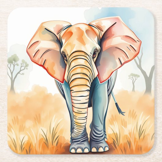 愛らしい水彩象 スクエアペーパーコースター (正面)