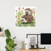 愛らしい水色のハリネズミと花 ポスター (ホームオフィス)