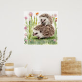 愛らしい水色のハリネズミと花 ポスター (キッチン)