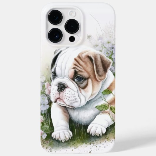 愛らしい水色のブルドッグ子犬の花 Case-Mate iPhoneケース (裏面)