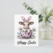 愛らしい水色イースターカウピンクの卵のバニー耳 ポストカード (スタンド正面)