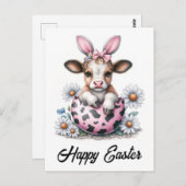 愛らしい水色イースターカウピンクの卵のバニー耳 ポストカード (正面/裏面)