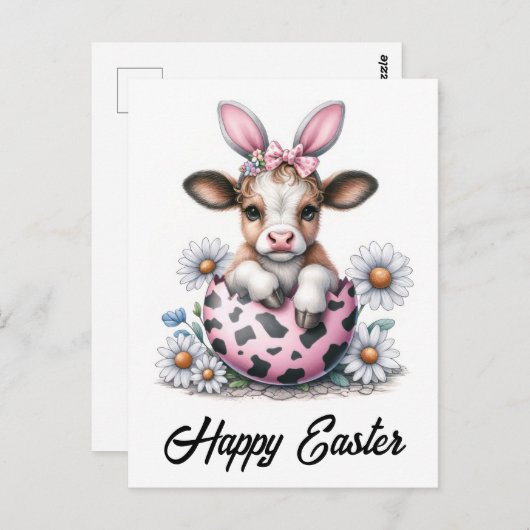 愛らしい水色イースターカウピンクの卵のバニー耳 ポストカード (正面/裏面)