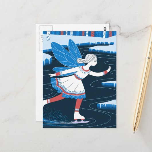 愛らしい氷のスケートで滑る妖精の氷の冬の池 ポストカード (正面/裏面インサイチュ)