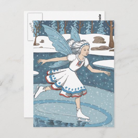 愛らしい氷のスケートで滑る妖精の雪の冬の森 ポストカード (正面/裏面)