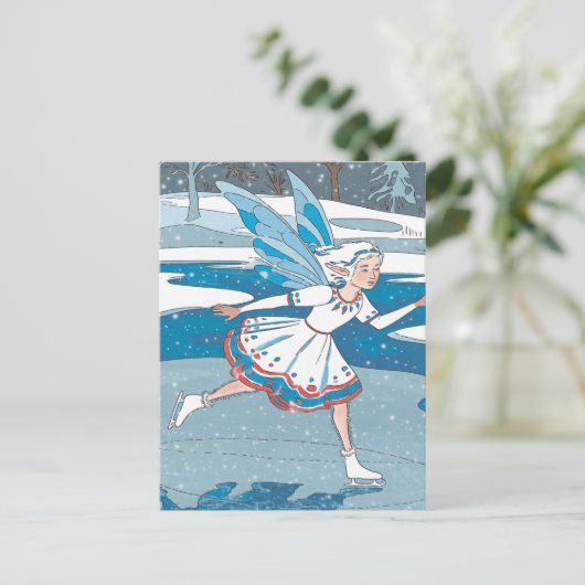 愛らしい氷のスケートで滑る妖精ブルーレッドホワイトドレス ポストカード (スタンド正面)