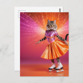 愛らしい氷のスケートで滑る猫ピンク色のオレンジ ポストカード (正面/裏面)