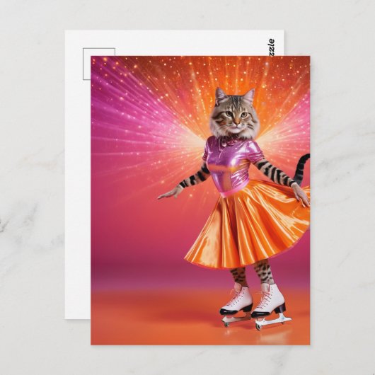 愛らしい氷のスケートで滑る猫ピンク色のオレンジ ポストカード (正面/裏面)