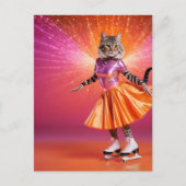 愛らしい氷のスケートで滑る猫ピンク色のオレンジ ポストカード (正面)