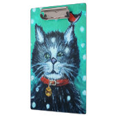 愛らしい油絵の猫と鳥のクリスマスグリーティング クリップボード (左)