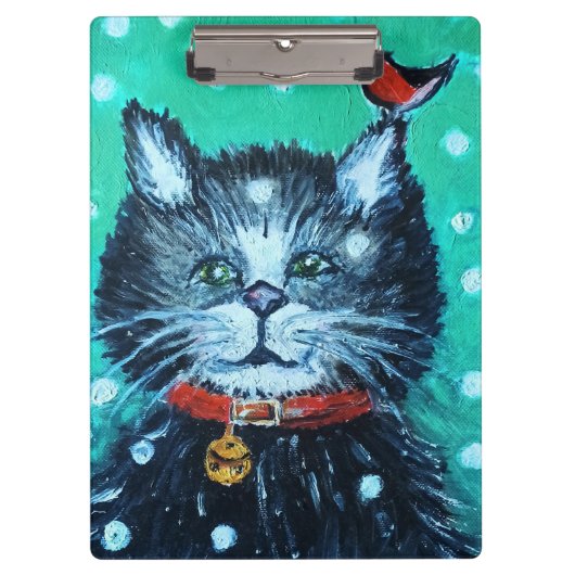 愛らしい油絵の猫と鳥のクリスマスグリーティング クリップボード (正面)